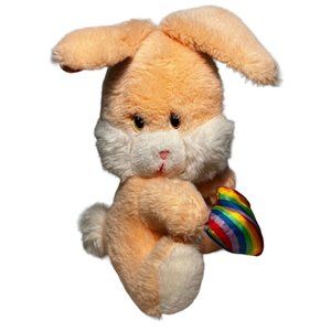 Vintage Atlanta Novelty Bunny Rabbit Stuffed Animal 10" Peach Rainbow Heart Ears